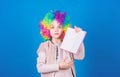 Study hard. Ridiculous story. Reading funny book. Literature club. Jokes book concept. Kid colorful curly wig artificial