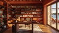 A study or home office with a warm terra cottacolored accent wall and builtin bookshelves lined with a mix of old and