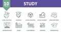 Study icon set Collection contain aspiration, geography, knowledge power, school equipment, global education and over