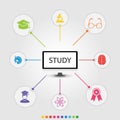 Study Infographics vector design. Timeline concept include graduation cap, microscope, brain icons. Can be used for report,