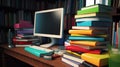 Study in the library concept. Close up of computer with black screen on table, pile of colored books, blurred books on