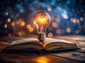 A Study in Light and Learning Illuminated Book with Open Pages and a Light Bulb Capturing the Essence Royalty Free Stock Photo