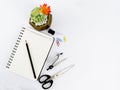 Study materials including a notebook,a black pencil a scissor a pencil compass a sharpener some paper clips and a miniature green Royalty Free Stock Photo