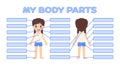 Study My Body Parts. Isolated Cute Little Girl in Front Back View. Education Game, Exam for Children in Anatomy. Page from