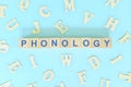 Study phonology in linguistics concept. Wooden blocks word typography flat lay. Royalty Free Stock Photo