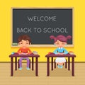 Study pupil student sit class table desk education lesson child character icon classroom school board background vector