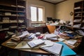 a study room filled with books, notebooks and writing utensils