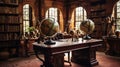 A study room with a massive mahogany desk and antique globes Royalty Free Stock Photo