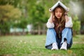 Study, sad and book with woman in park for studying, thinking or depression mockup. College, mental health and education