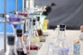 Separating by filtration and evaporation condensation the component substances from liquid mixture in Lab. Royalty Free Stock Photo