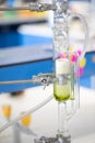 Separating by filtration and evaporation condensation the component substances from liquid mixture in Lab. Royalty Free Stock Photo
