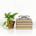 Study setup featuring books, glasses, and a small potted plant on a white surface Royalty Free Stock Photo