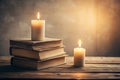 A Study in Simplicity Warm Candlelight Illuminates a Stack of Books Perfecting Cozy Home Decor A Minimalist Aesthetic Royalty Free Stock Photo