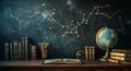 Study Space With Globes, Books, and Constellations on Chalkboard in a Cozy Learning Environment. Royalty Free Stock Photo