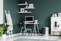 Study space for a teenager in a dark green bedroom interior with