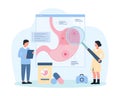 Study of stomach disease, tiny doctors with magnifying glass research gastric chart