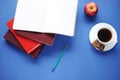 Study stuff. Education background. Stationery. Aspects of education. Food for brain. Pencil, opened notebook, books, an apple, cof Royalty Free Stock Photo