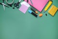 Study stuff. Education background. Stationery. Aspects of education. Pencil, papers, markers, scissors, folder, scotch tape, clips Royalty Free Stock Photo