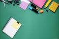 Study stuff. Education background. Stationery. Aspects of education. Pencil, papers, markers, scissors, folder, scotch tape, clips Royalty Free Stock Photo