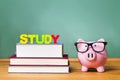 Study theme with pink piggy bank with chalkboard