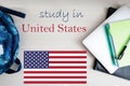 Study in United States. Background with notepad, laptop and backpack. Education concept Royalty Free Stock Photo
