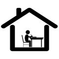 Study work from home. Pictogram depicting student boy studying writing at home. Lock down due to Covid-19 pandemic. Black and