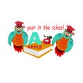 Study year concept wih owl, student in cap with books, vector Royalty Free Stock Photo