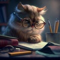 Studying cat with glasses is looking at notebook. AI generated Royalty Free Stock Photo