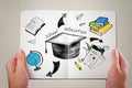 Studying in college, education and knowledge concept with hand drawn mortarboard hat, books, globe and arrows on white notebook Royalty Free Stock Photo