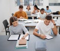 Studying, learning and students in university classroom with digital tablet screen and notebook mockup for knowledge Royalty Free Stock Photo