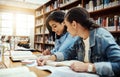 Studying together can sometimes be easier. two young female university students studying in the library. Royalty Free Stock Photo