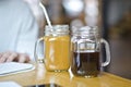 Studying with two mason jar coffees Royalty Free Stock Photo