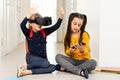 Studying in virtual reality. Modern technology. Interesting lesson. Virtual teaching. Homeschooling online. Girl kid Royalty Free Stock Photo