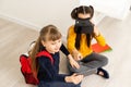 Studying in virtual reality. Modern technology. Interesting lesson. Virtual teaching. Homeschooling online. Girl kid Royalty Free Stock Photo