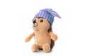 Stuffed animal, soft toy isolated on white background. Happy hedgehog in a cap turing left, kids toy Royalty Free Stock Photo
