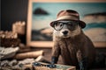 a stuffed animal wearing a hat and glasses sitting next to a box of sunglasses and a painting of a beach scene in the background