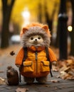 a stuffed animal wearing an orange coat