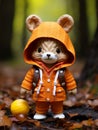 a stuffed animal wearing an orange coat