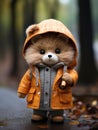 a stuffed animal wearing an orange coat
