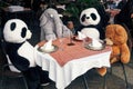 Stuffed animals sitting at a table, having a lunch party Royalty Free Stock Photo