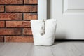 Stuffed bag near white door Royalty Free Stock Photo