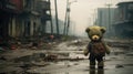 Stuffed bear with a backpack standing alone on abandoned street - generative AI