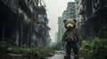 Stuffed bear post-apocalyptic soldier with leather boots, green camouflage - generative AI