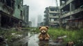 Stuffed bear toy sits alone on wet street in a dystopian ruined empty city - generative AI