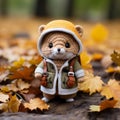 a stuffed bear wearing a jacket and hat on the ground