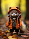 a stuffed bear wearing an orange jacket and hat