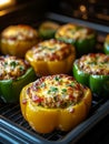 Stuffed bell peppers with cheese in an oven tray. Royalty Free Stock Photo