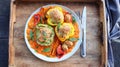 Stuffed bell peppers with couscous and beef meat. Top view Royalty Free Stock Photo