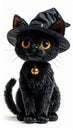 Stuffed Black Cat Wearing a Witch Hat with Golden Bell on a White Background Royalty Free Stock Photo