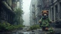 Stuffed brown bear wearing a green raincoat walking down an abandoned urban street - generative AI